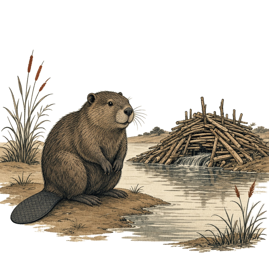Illustrated beaver beside a wood pile